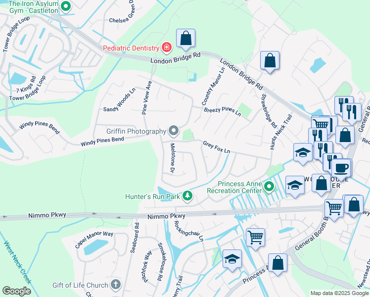 map of restaurants, bars, coffee shops, grocery stores, and more near 2412 Piney Bark Drive in Virginia Beach