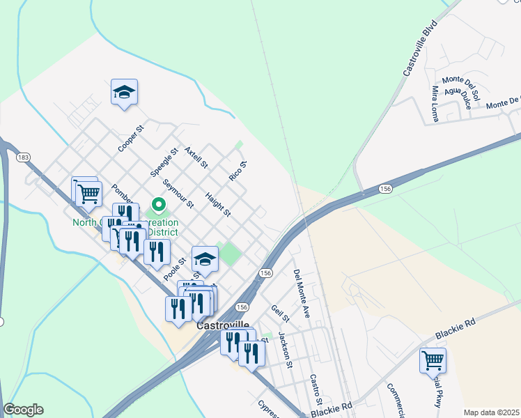map of restaurants, bars, coffee shops, grocery stores, and more near 11620 Union Street in Castroville