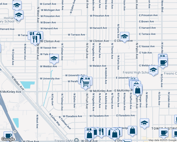 map of restaurants, bars, coffee shops, grocery stores, and more near 1906 North Fruit Avenue in Fresno