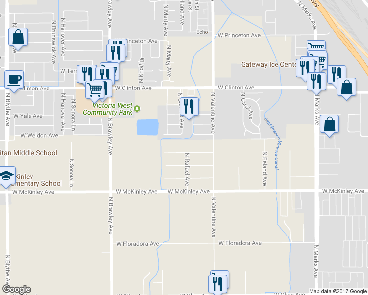 map of restaurants, bars, coffee shops, grocery stores, and more near 3512 West Normal Avenue in Fresno
