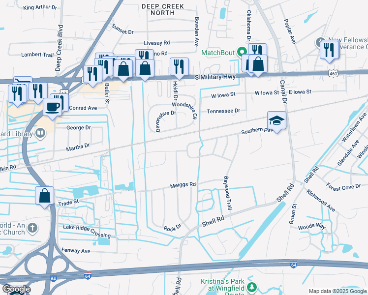 map of restaurants, bars, coffee shops, grocery stores, and more near 2401 Southern Pines Drive in Chesapeake