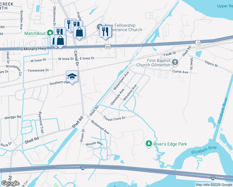 map of restaurants, bars, coffee shops, grocery stores, and more near 1405 Waterlawn Avenue in Chesapeake