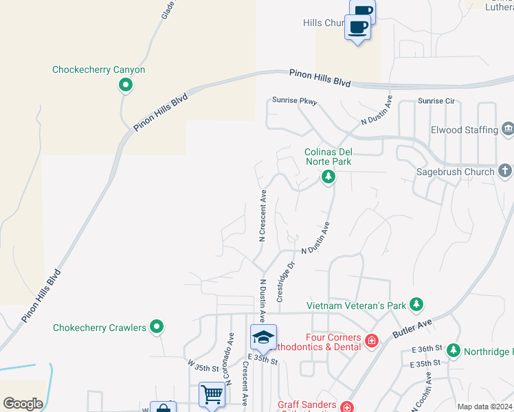 map of restaurants, bars, coffee shops, grocery stores, and more near 4201 North Crescent Avenue in Farmington