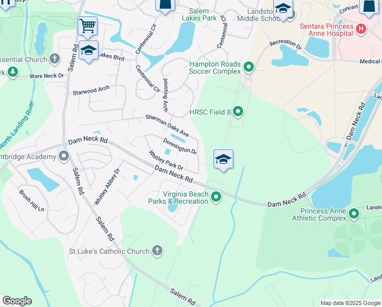 map of restaurants, bars, coffee shops, grocery stores, and more near 3833 Donnington Dr in Virginia Beach