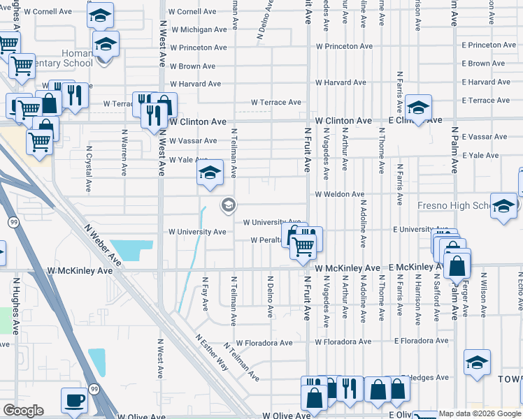 map of restaurants, bars, coffee shops, grocery stores, and more near 708 West Weldon Avenue in Fresno