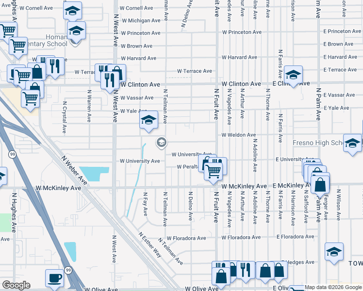 map of restaurants, bars, coffee shops, grocery stores, and more near 708 West Weldon Avenue in Fresno