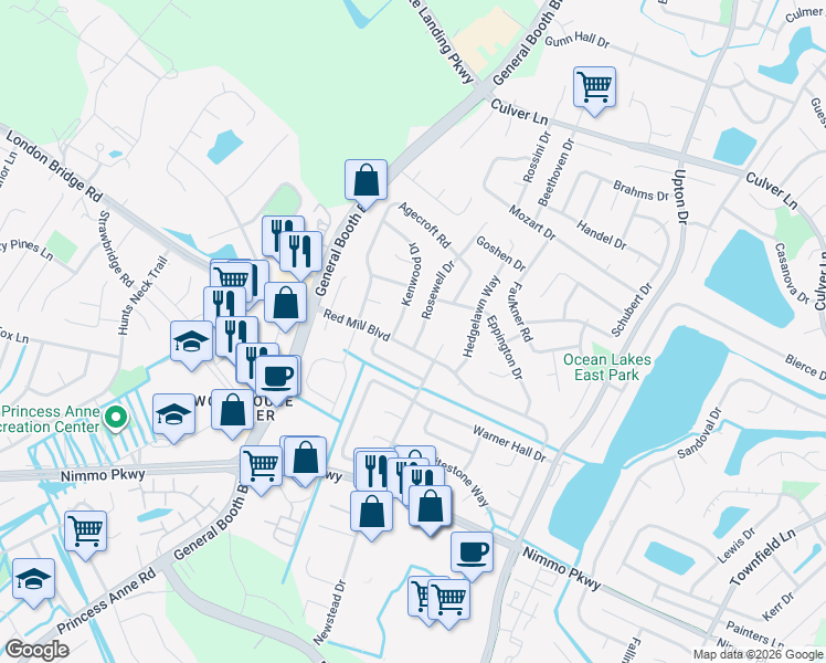 map of restaurants, bars, coffee shops, grocery stores, and more near 2192 Kenwood Drive in Virginia Beach