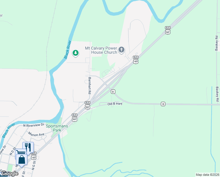 map of restaurants, bars, coffee shops, grocery stores, and more near U.S. 60 Business in Poplar Bluff