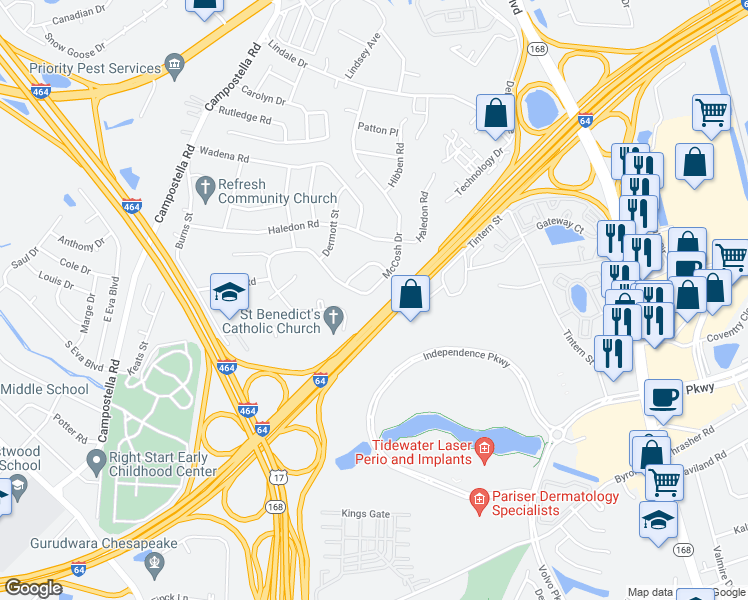 map of restaurants, bars, coffee shops, grocery stores, and more near 332 McCosh Dr in Chesapeake