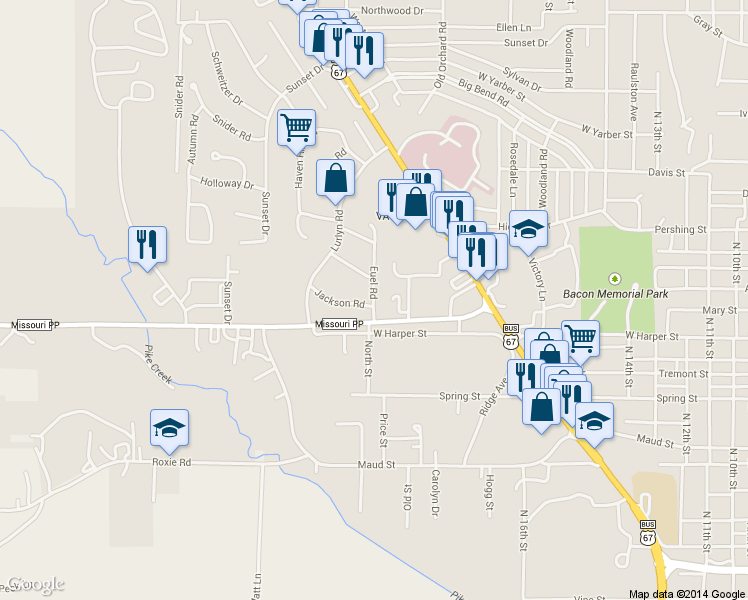 map of restaurants, bars, coffee shops, grocery stores, and more near 1320 Euel Road in Poplar Bluff