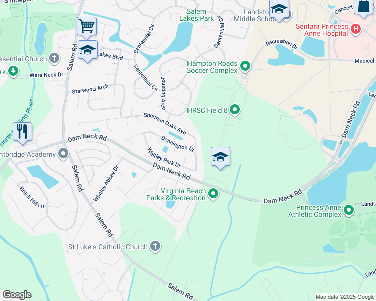 map of restaurants, bars, coffee shops, grocery stores, and more near 3833 Donnington Dr in Virginia Beach