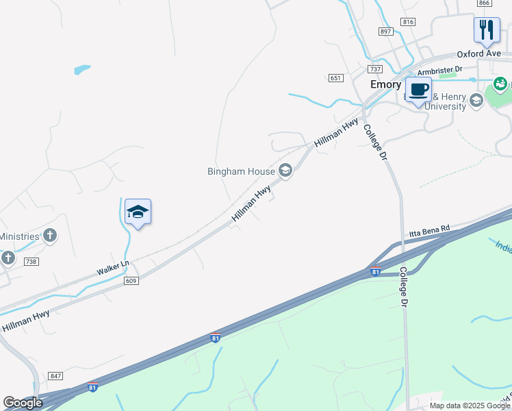 map of restaurants, bars, coffee shops, grocery stores, and more near 30096-30118 Hillman Highway in Meadowview