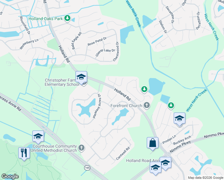 map of restaurants, bars, coffee shops, grocery stores, and more near 2128 Broadacres Court in Virginia Beach