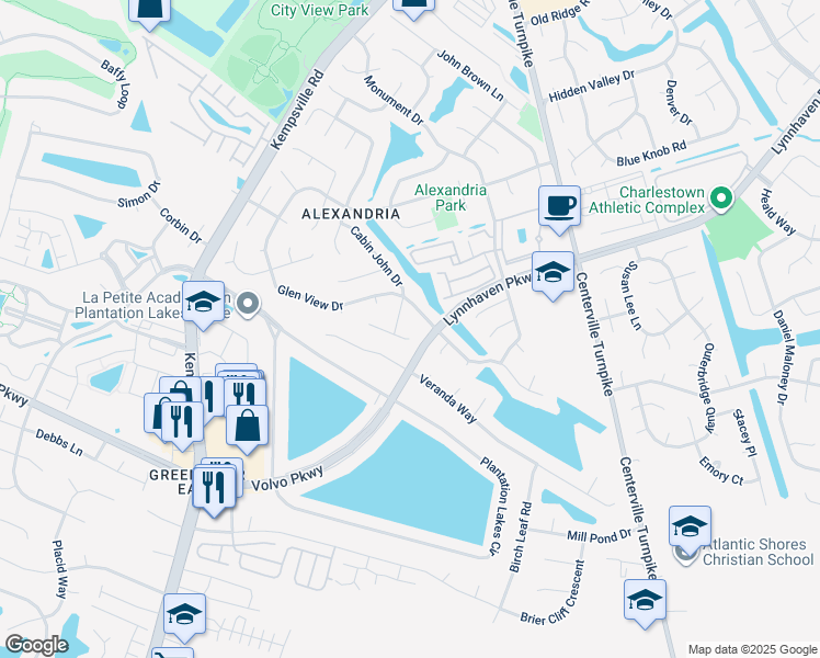 map of restaurants, bars, coffee shops, grocery stores, and more near 5908 Senators Court in Virginia Beach
