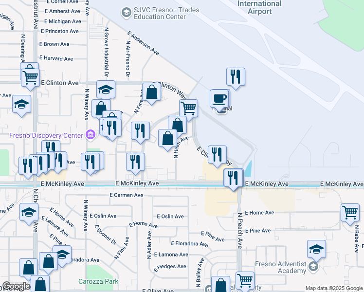 map of restaurants, bars, coffee shops, grocery stores, and more near 1849-1893 North Helm Avenue in Fresno