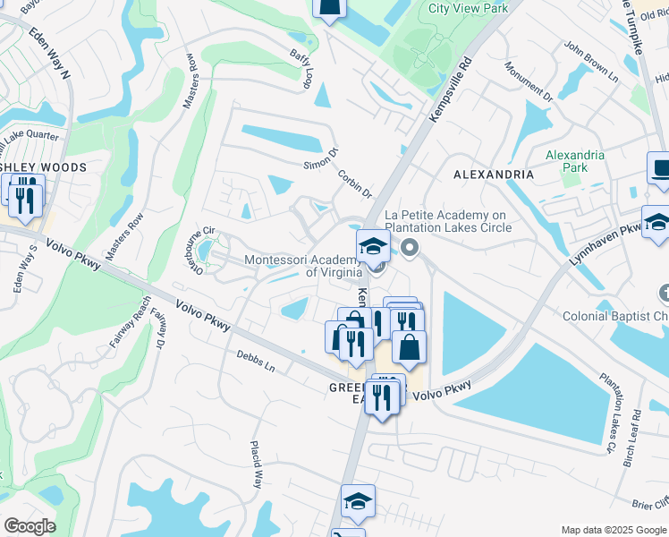 map of restaurants, bars, coffee shops, grocery stores, and more near 1467 Kempsville Road in Chesapeake