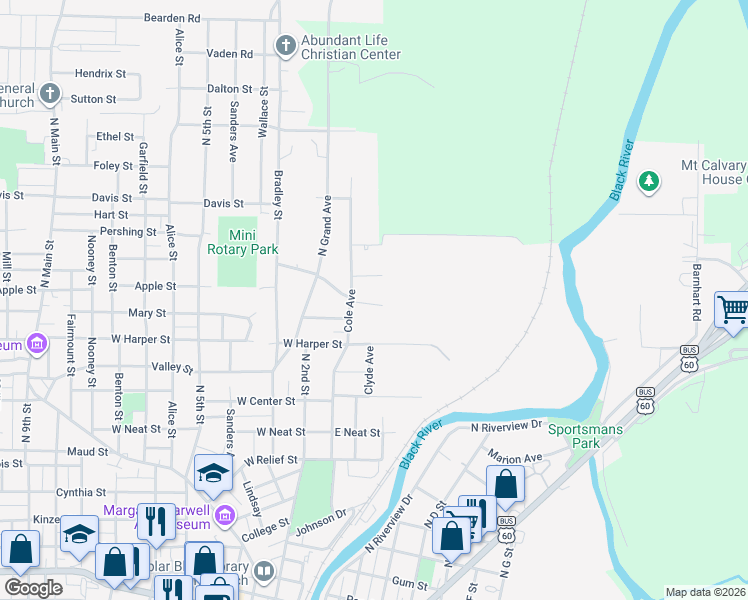 map of restaurants, bars, coffee shops, grocery stores, and more near 121 Lexington Avenue in Poplar Bluff