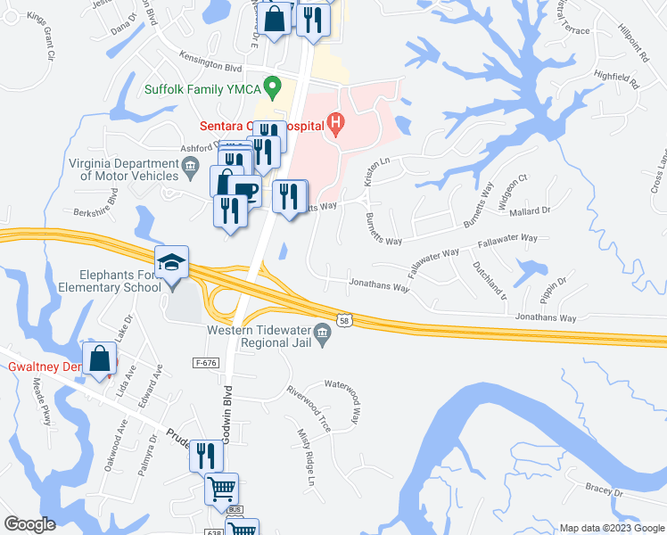 map of restaurants, bars, coffee shops, grocery stores, and more near 102 Ruby Court in Suffolk