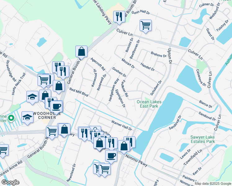 map of restaurants, bars, coffee shops, grocery stores, and more near 1169 Eppington Drive in Virginia Beach