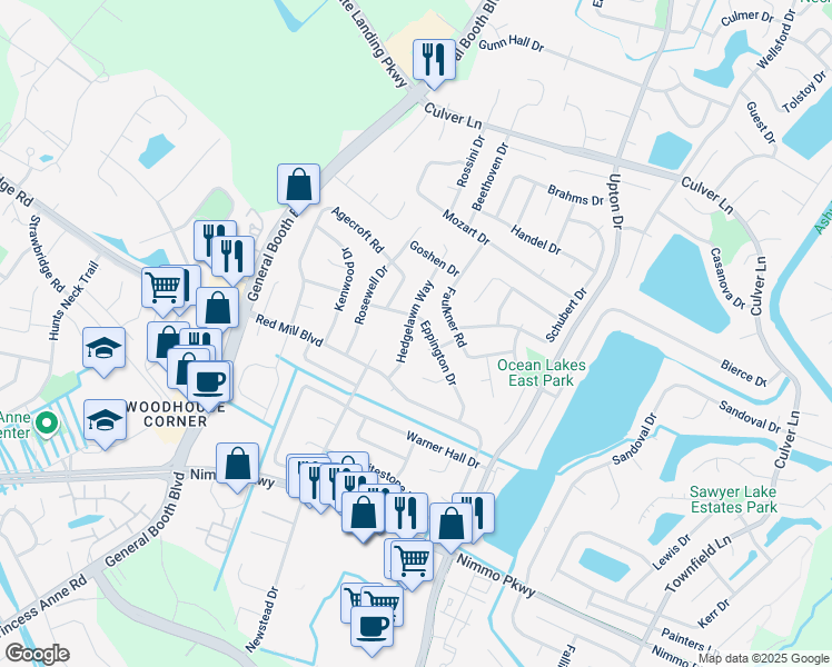 map of restaurants, bars, coffee shops, grocery stores, and more near 2176 Hedgelawn Way in Virginia Beach