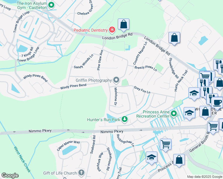 map of restaurants, bars, coffee shops, grocery stores, and more near 2597 Piney Bark Drive in Virginia Beach