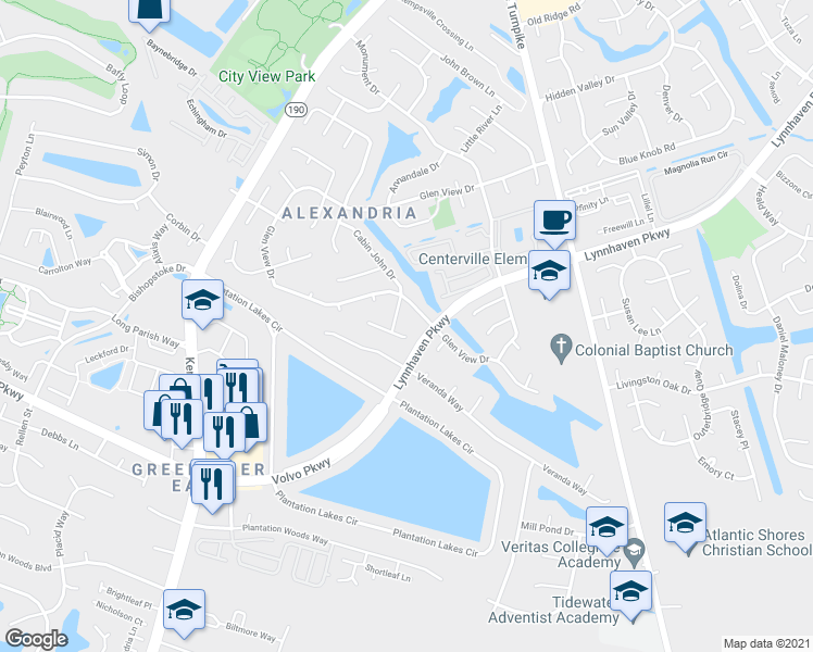 map of restaurants, bars, coffee shops, grocery stores, and more near 5908 Senators Court in Virginia Beach