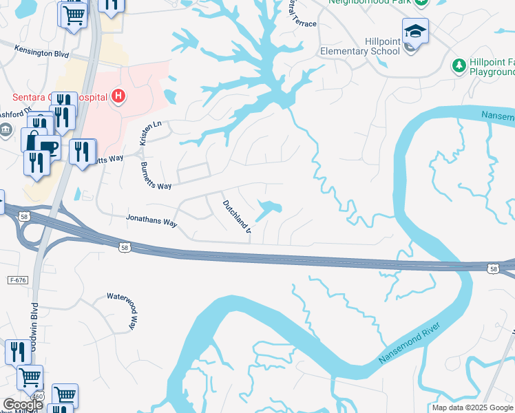 map of restaurants, bars, coffee shops, grocery stores, and more near 110 Benham Court in Suffolk