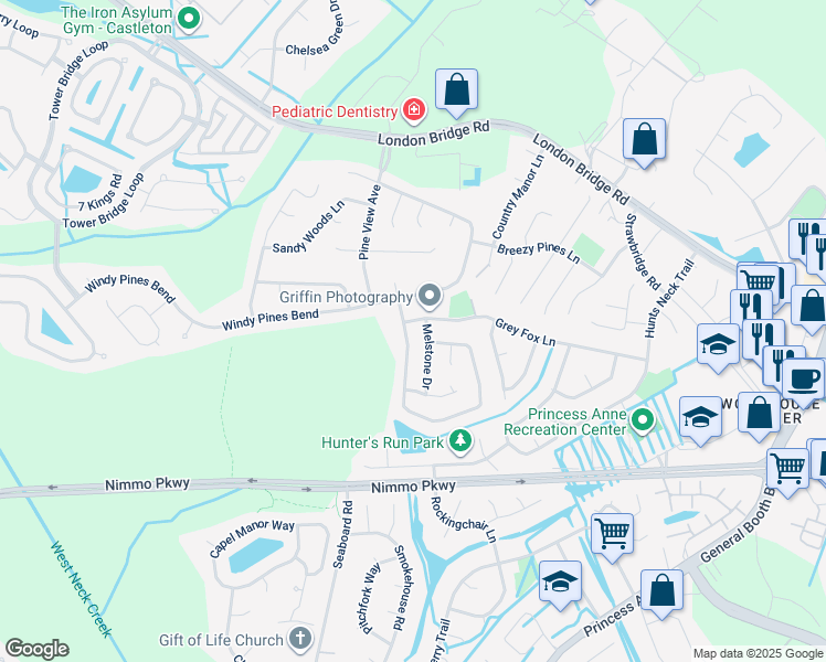 map of restaurants, bars, coffee shops, grocery stores, and more near 2597 Piney Bark Drive in Virginia Beach