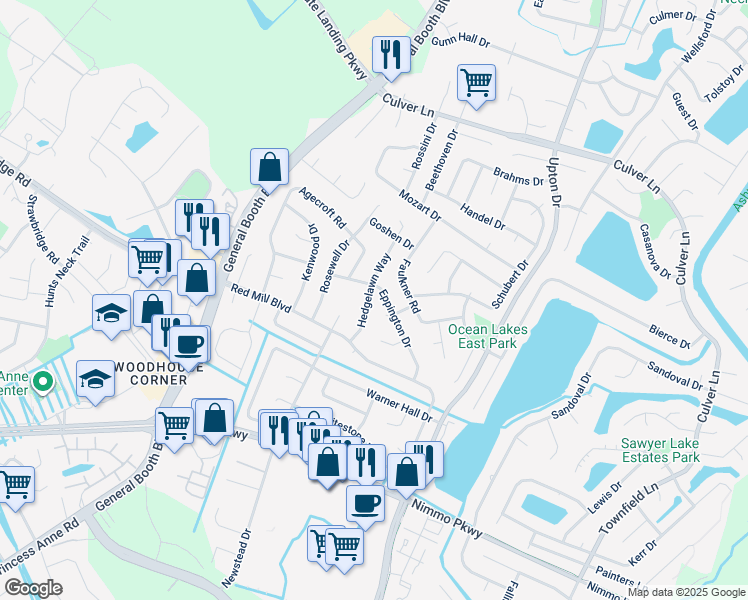 map of restaurants, bars, coffee shops, grocery stores, and more near 2176 Hedgelawn Way in Virginia Beach