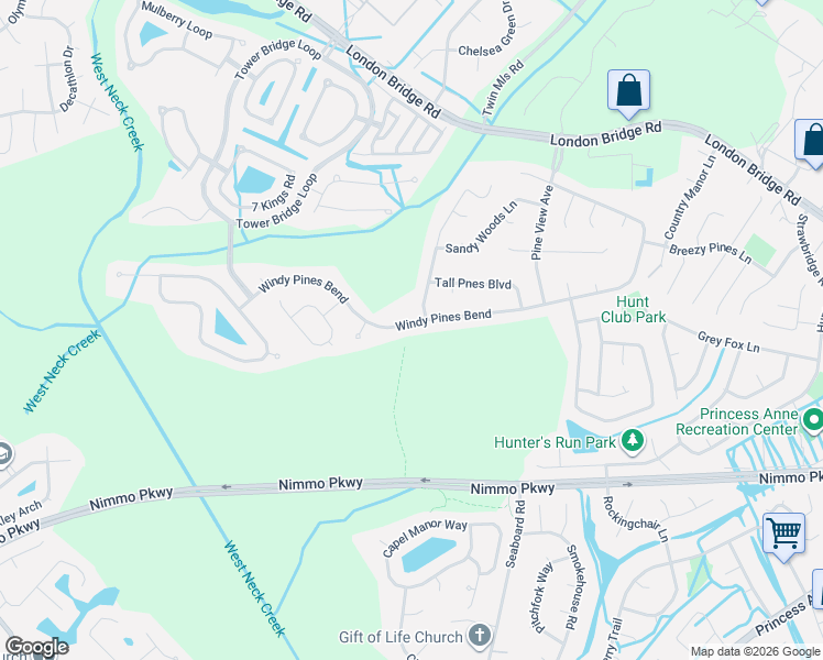 map of restaurants, bars, coffee shops, grocery stores, and more near 2460 Windy Pines Bend in Virginia Beach