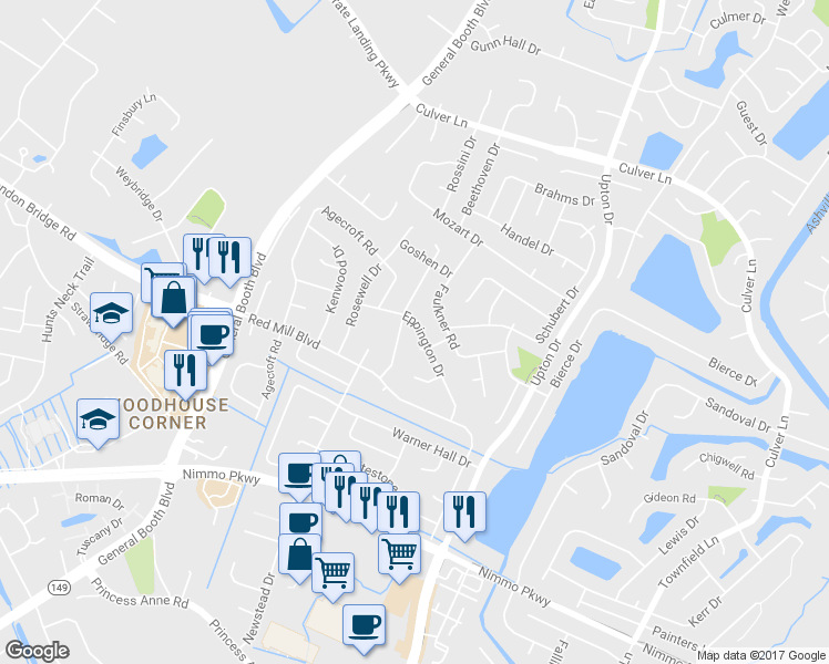 map of restaurants, bars, coffee shops, grocery stores, and more near 1169 Eppington Drive in Virginia Beach