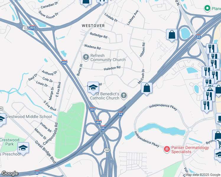 map of restaurants, bars, coffee shops, grocery stores, and more near 901 Balford Lane in Chesapeake