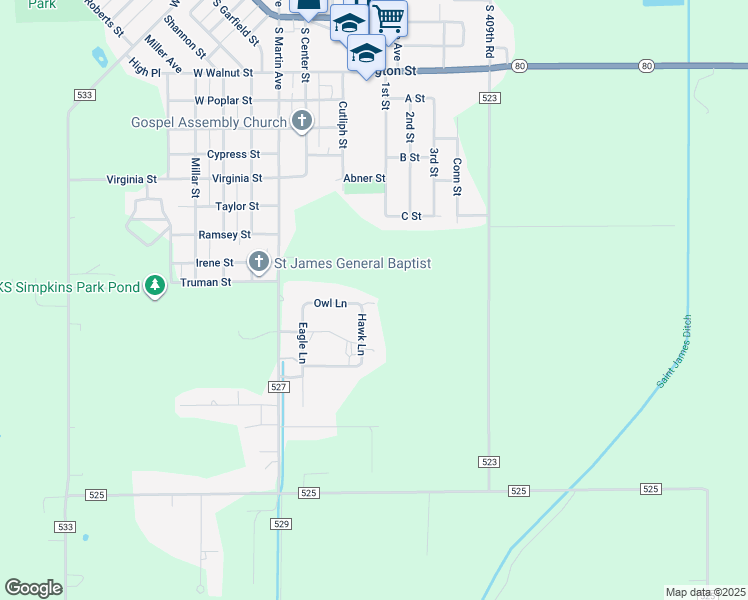map of restaurants, bars, coffee shops, grocery stores, and more near 44-58 Hawk Lane in East Prairie
