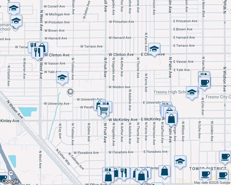 map of restaurants, bars, coffee shops, grocery stores, and more near 1912 North Vagedes Avenue in Fresno
