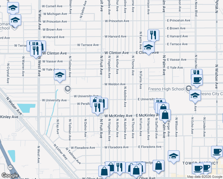 map of restaurants, bars, coffee shops, grocery stores, and more near 1912 North Vagedes Avenue in Fresno