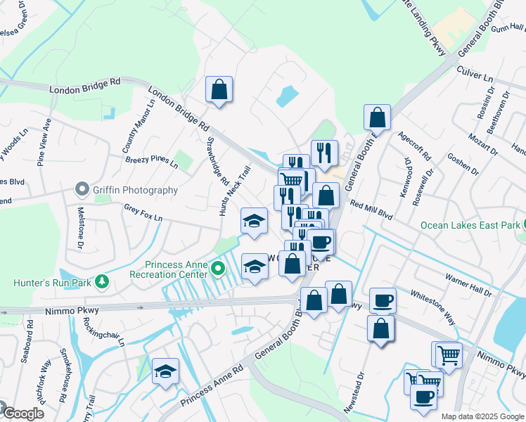 map of restaurants, bars, coffee shops, grocery stores, and more near 2145 Bloomsbury Lane in Virginia Beach