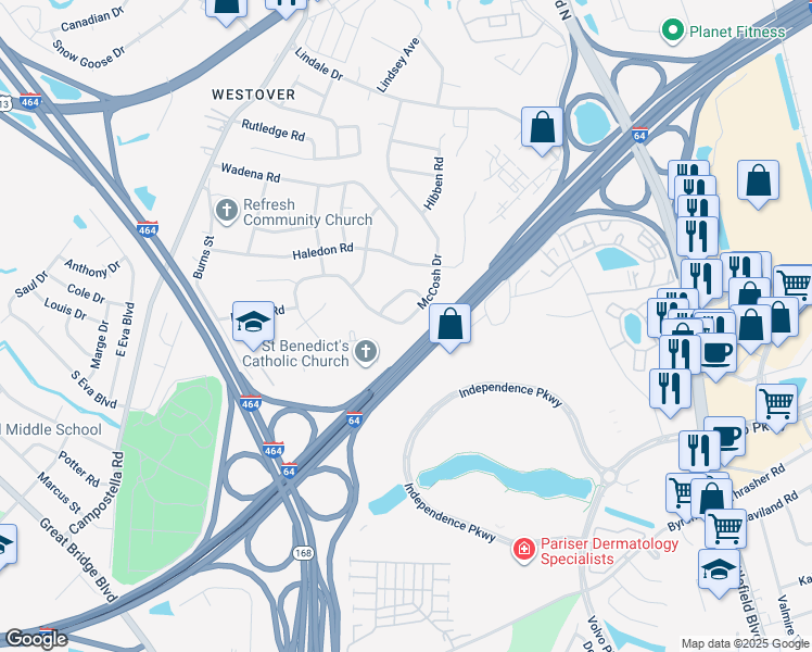 map of restaurants, bars, coffee shops, grocery stores, and more near 332 McCosh Dr in Chesapeake