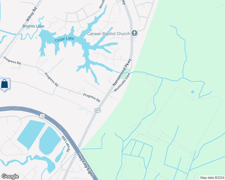 map of restaurants, bars, coffee shops, grocery stores, and more near 1824 Nansemond Parkway in Suffolk