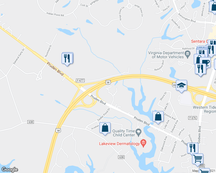map of restaurants, bars, coffee shops, grocery stores, and more near 2604 Wood Creek Court in Suffolk