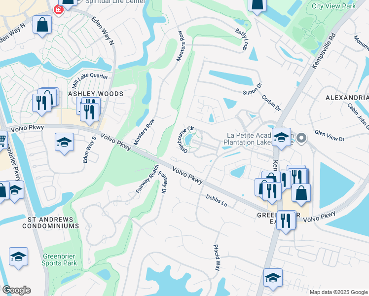 map of restaurants, bars, coffee shops, grocery stores, and more near 1429 Otterbourne Cir in Chesapeake