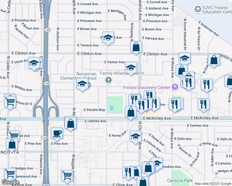 map of restaurants, bars, coffee shops, grocery stores, and more near 4741 East Normal Avenue in Fresno