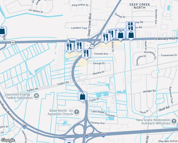 map of restaurants, bars, coffee shops, grocery stores, and more near 821 Old George Washington Highway North in Chesapeake