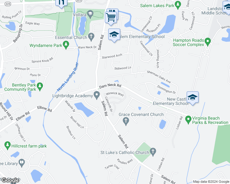 map of restaurants, bars, coffee shops, grocery stores, and more near 3928 Winwick Way in Virginia Beach