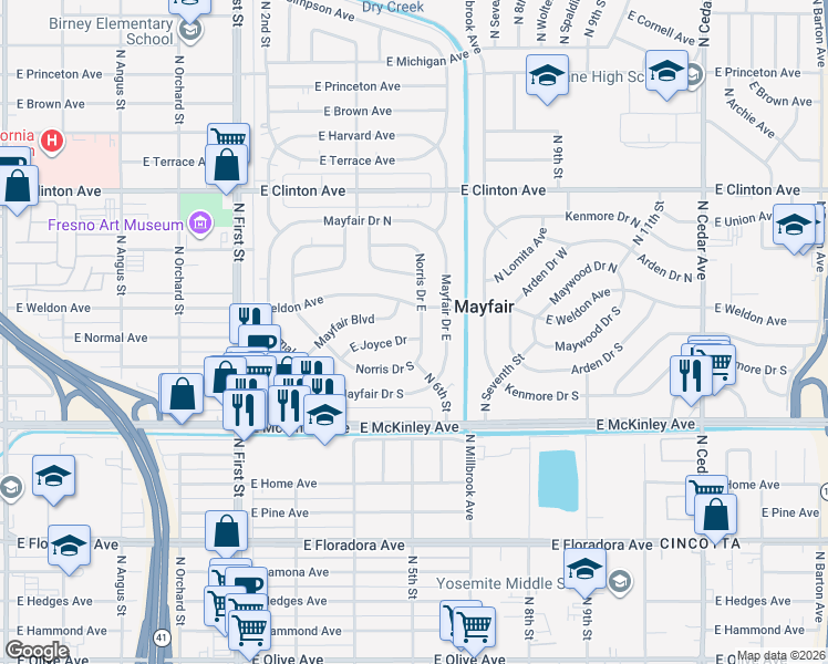 map of restaurants, bars, coffee shops, grocery stores, and more near 3493 East Joyce Drive in Fresno