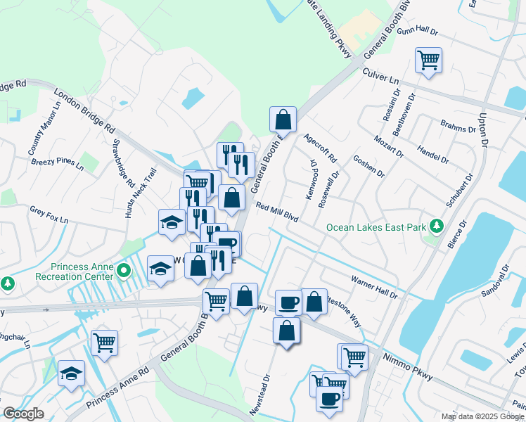 map of restaurants, bars, coffee shops, grocery stores, and more near 1193 Red Mill Boulevard in Virginia Beach