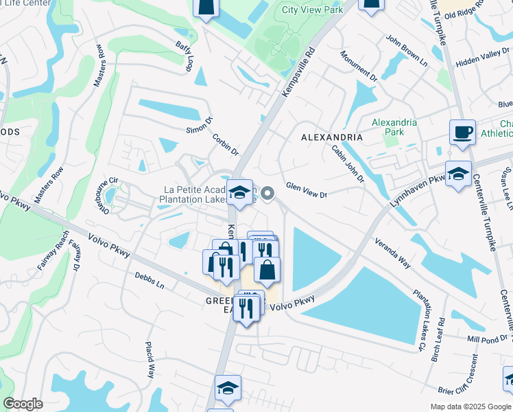 map of restaurants, bars, coffee shops, grocery stores, and more near 1635 Orchard Grove Drive in Chesapeake