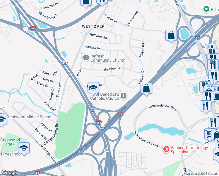 map of restaurants, bars, coffee shops, grocery stores, and more near 901 Balford Lane in Chesapeake
