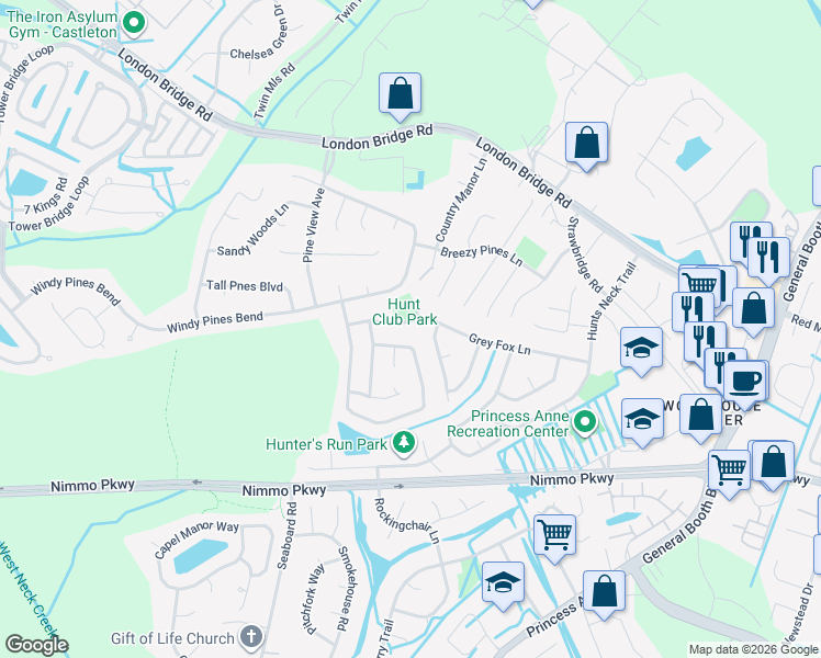 map of restaurants, bars, coffee shops, grocery stores, and more near 2113 Grey Fox Lane in Virginia Beach