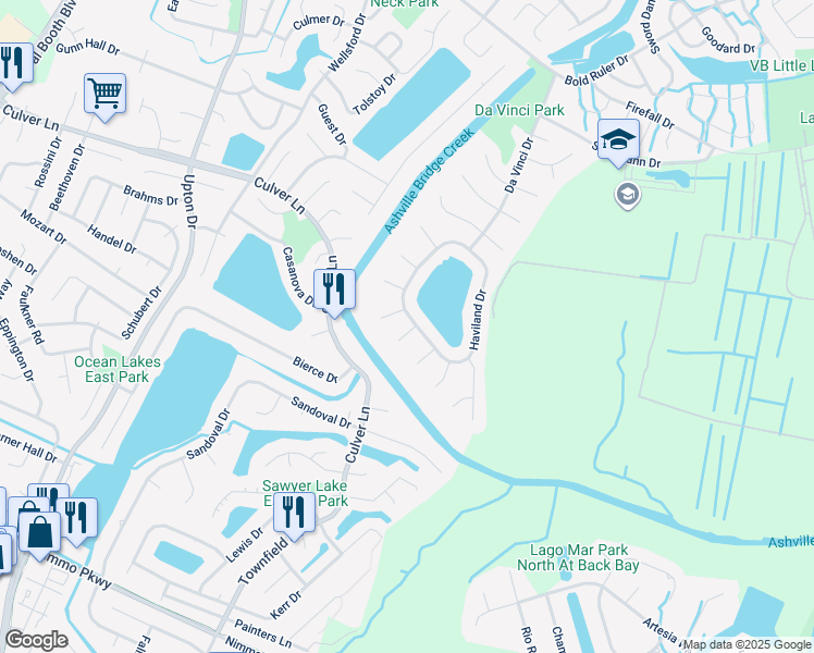 map of restaurants, bars, coffee shops, grocery stores, and more near 1952 Haviland Drive in Virginia Beach