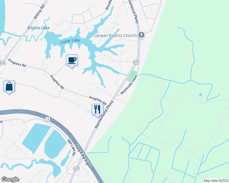 map of restaurants, bars, coffee shops, grocery stores, and more near 1821 Nansemond Parkway in Suffolk